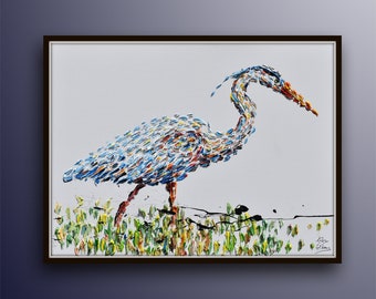 Heron Bird Oil Painting 40",  Original oil painting on canvas, relaxing colors, handmade original art by Koby Feldmos