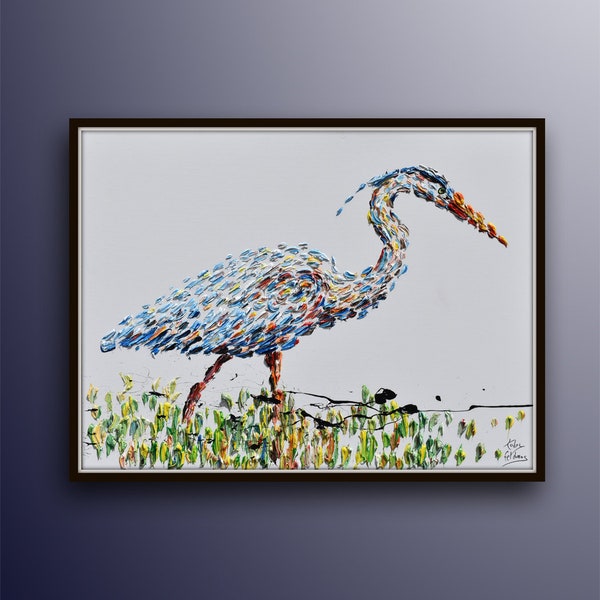 Heron Bird Oil Painting 40",  Original oil painting on canvas, relaxing colors, handmade original art by Koby Feldmos