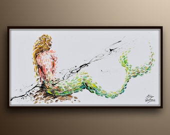 Mermaid painting 55" legendary aquatic creature, female women body, Thick luxurious layers, Amazing original Painting By Koby Feldmos