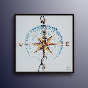 Abstract Compass 35" Original oil painting with thick texture, beautiful looks, blue tones, Modern Art by Koby Feldmos