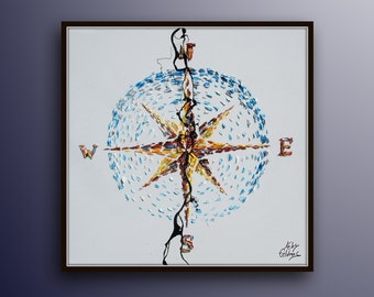 Abstract Compass 35" Original oil painting with thick texture, beautiful looks, blue tones, Modern Art by Koby Feldmos