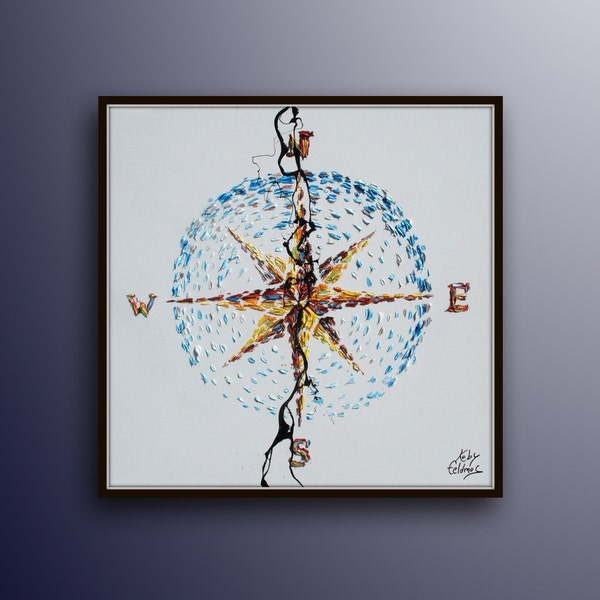 Abstract Compass 35" Original oil painting with thick texture, beautiful looks, blue tones, Modern Art by Koby Feldmos