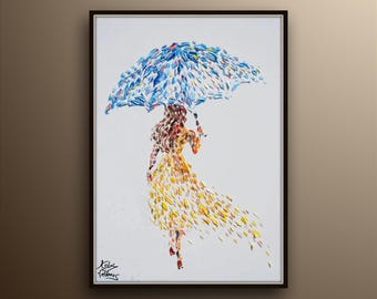 Woman with Umbrella 30&quot; Hot and cold tones, Beautiful texture, Relaxing colors, Black splash, By Koby Feldmos