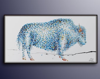 Schilderij BUFFALO 67" dierlijk olieverfschilderij op doek, abstracte kunst, dikke verf, origineel handgemaakt, certificaat bijgevoegd, door Koby Feldmos