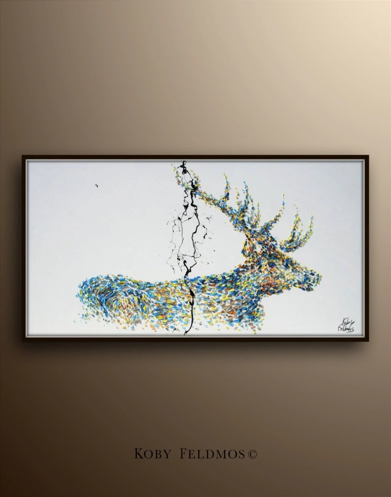 Power of the Stag 67 beautiful Textured Stag, noble, large canvas, rich colors, modern art canvas painting by Koby Feldmos image 4