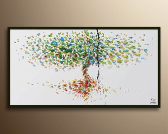 Tree painting 55" - Beautiful Colors, relaxing vibe, heavy texture, original art, modern style, Handmade by Koby Feldmos