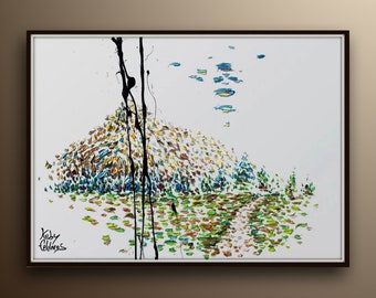 Landschapsschilderkunst 40" Bergen Schilderen en Rivier, Handgemaakt origineel olieverfschilderij, Impasto stijl, prachtige ontspannende kunst door Koby Feldmos