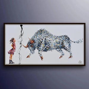 Office painting 60&quot; Brave Girl  oil painting on canvas, Bull vs. Girl, Stock exchange market, business art, art for office, Koby Feldmos