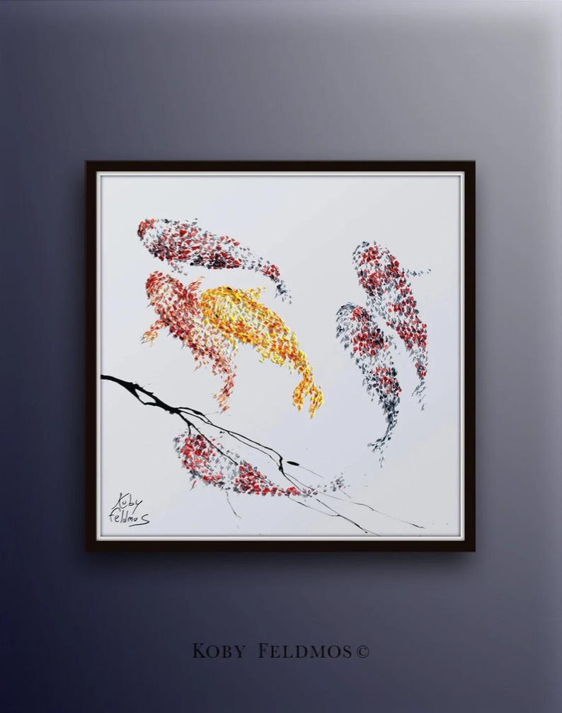 May include: Abstract painting of koi fish in shades of red, gold, and black against a white background. The artwork features four fish with textured brushstrokes, and a black branch with red accents. The painting is framed in a dark brown frame.