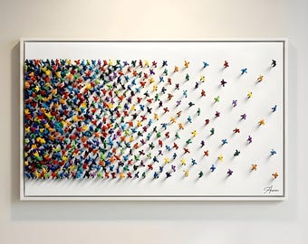 Abstract Tiny People Oil Painting, Large Colorful Crowd Wall Art, Heavy Impasto Canvas, Original Handmade Fine Art