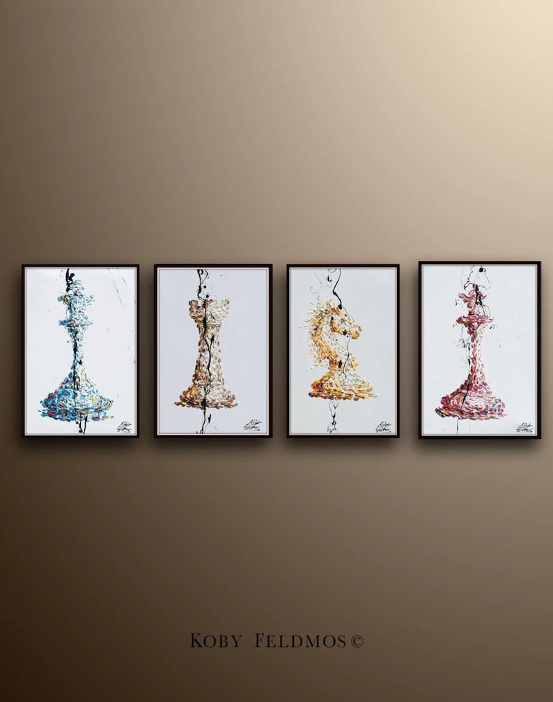Chess Set 4 paintings- painting - Checkmate Original oil painting on canvas, office gift idea, gift for husband, by Koby Feldmos image 1
