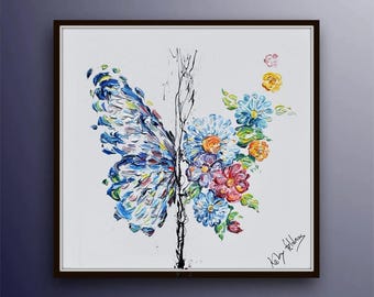 ¡Impresionante y hermosa pintura al óleo original sobre lienzo "Mariposa de primavera" de 89 cm, con flores coloridas, de Koby Feldmos!