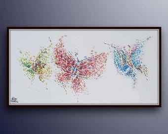 Pintura de mariposas 50" Pintura al óleo de 3 hermosas mariposas Colores pastel al óleo sobre lienzo, Versión original, Por Koby Feldmos