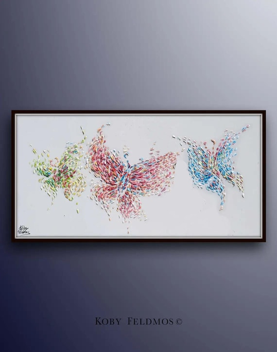 Butterfly painting 50" Oil Painting of 3 Beautiful butterflies Pastel Oil Colors on canvas, Original Version, By Koby Feldmos