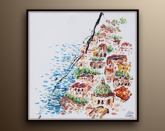 Italy hillside 35" of Positano - Italy houses river Italy view oil on canvas original handmade painting by Koby Feldmos