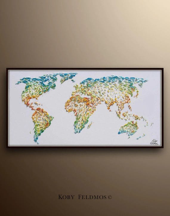 Painting 60" World map earth painting, continental painting, beautiful colors, thick layers, luxury looks by Koby Feldmos