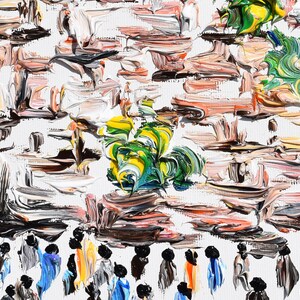 May include: Abstract painting with thick brushstrokes in shades of brown, pink, white, green, and yellow. The painting features a group of people in the bottom of the image, with a large green and yellow abstract shape in the center.