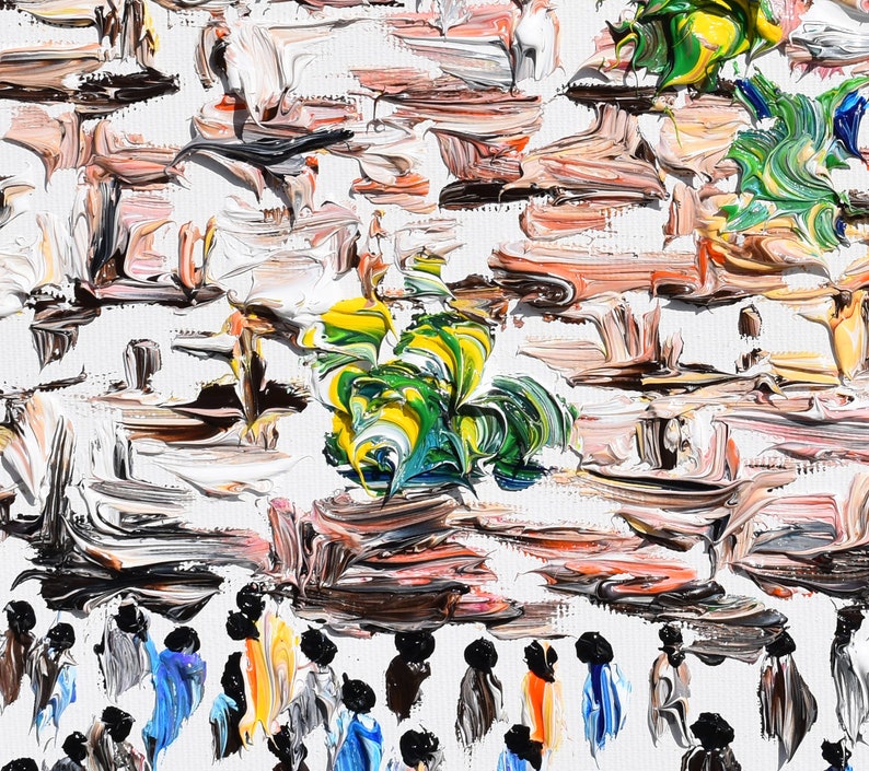 May include: Abstract painting with thick brushstrokes in shades of brown, pink, white, green, and yellow. The painting features a group of people in the bottom of the image, with a large green and yellow abstract shape in the center.