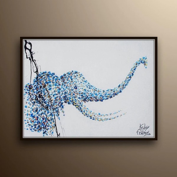 Elephant oil Painting 40" Animal oil Painting, Original & Hand Made Oil Painting, Certification Attached, by Koby Feldmos