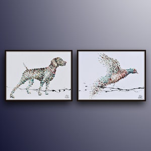 Animals painting set 30", Original and Handmade, oil painting on canvas, art with movement, Home Decor, dog and bird by Koby Feldmos