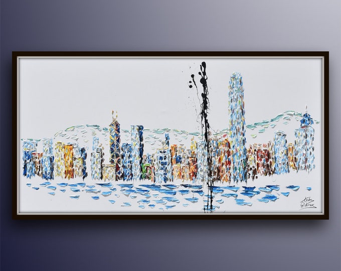 Cityscape Skyline 55" , original oil painting on canvas, rich texture, large canvas, luxury looks, handmade artwork by Koby Feldmos