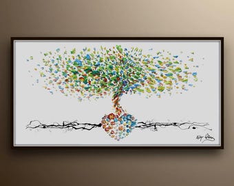 Abstract Heart Tree of Life Oil Painting, Large Colorful Impasto Wall Art, Modern Love Symbol Decor, Hand Painted Fine Art on Canvas