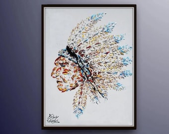 Painting Indian 40&quot; Portrait painting of Indian, Original oil painting on canvas, Textured painting, Modern style, By Koby Feldmos
