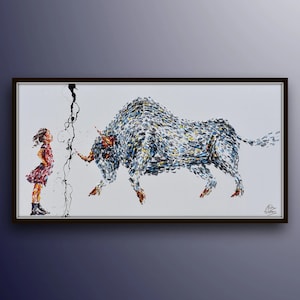 Office painting 67 Fearless Girl, oil painting on canvas, Bull vs. Girl, Stock exchange market, business art, art for office, Koby Feldmos image 6