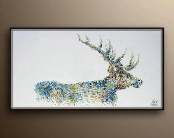 Power of the Stag 50&quot; beautiful Textured Stag, noble, large canvas, rich colors, modern art canvas painting by Koby Feldmos