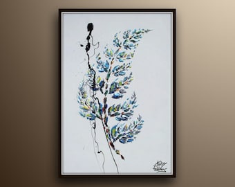 Branch with leaves 40", Beautiful relaxing oil painting on canvas, Calming pastel colors, by Koby Feldmos