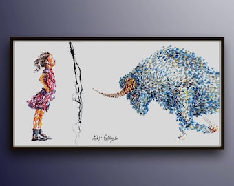 Office painting 50" Brave Girl , oil painting on canvas, Bull vs. Girl, Stock exchange market, business art, art for office, Koby Feldmos