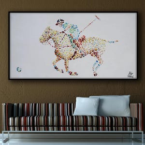 Polo 50&quot; Classic original oil painting, polo game, horse, game, animal, fine art, interior design, thick layers, handmade by Koby Feldmos