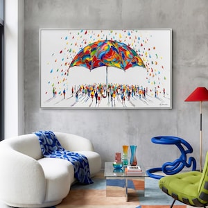 May include: A rectangular wall art painting featuring a large, vibrant, multi-colored umbrella with thick, textured paint strokes. Beneath the umbrella, a crowd of small, colorful figures stands on a white background with falling raindrops.