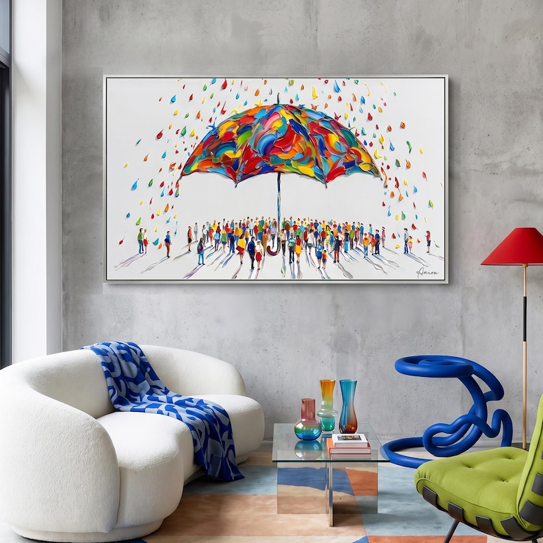 May include: A rectangular wall art painting featuring a large, vibrant, multi-colored umbrella with thick, textured paint strokes. Beneath the umbrella, a crowd of small, colorful figures stands on a white background with falling raindrops.