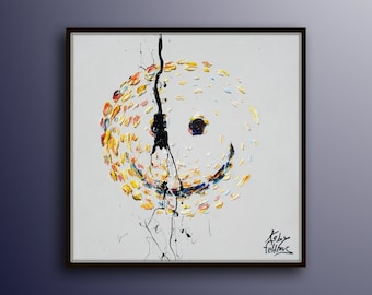 Smiley 25" face oil painting on canvas, modern contemporary art, yellow , square, cute painting , impasto style, by Koby Feldmos