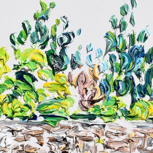 May include: Abstract painting with thick brushstrokes in shades of green, blue, yellow, and white. The painting depicts a landscape with a row of trees in the foreground and a white background.