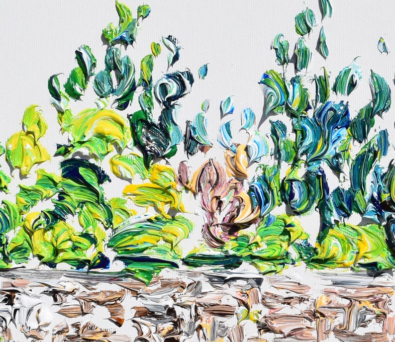 May include: Abstract painting with thick brushstrokes in shades of green, blue, yellow, and white. The painting depicts a landscape with a row of trees in the foreground and a white background.