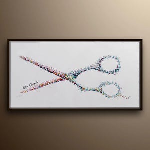 Scissors Barber 30&quot; Hair Salon thick oil paint impasto style modern Art on canvas , Express shipping worldwide, By Koby Feldmos