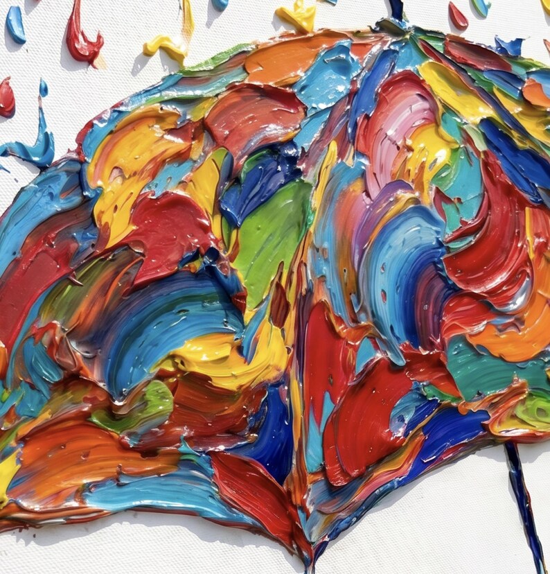 May include: A textured oil painting on canvas featuring a multi-colored umbrella depicted with thick, impasto brushstrokes. The umbrella is composed of vibrant red, blue, yellow, orange, and green paint, with matching colorful rain droplets.