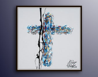 Cross oil painting 30" on canvas, biblical art, jesus cross, by Koby Feldmos