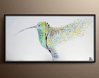 Hummingbird 50" Original oil painting on Large canvas, Relaxing vibes, thick texture, Handmade by Koby Feldmos