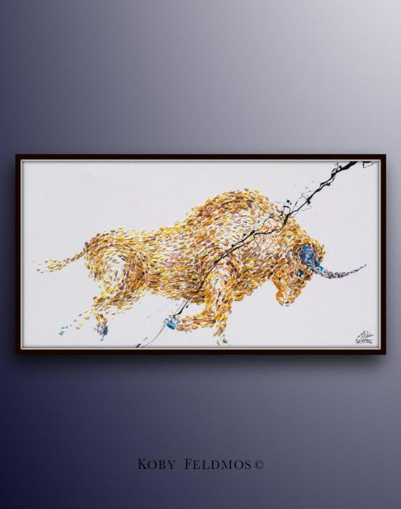 Animal Bull Painting 60" Yellow Abstract Painting on canvas, Original & Handmade Oil painting ,  Express Shipping,  By Koby Feldmos