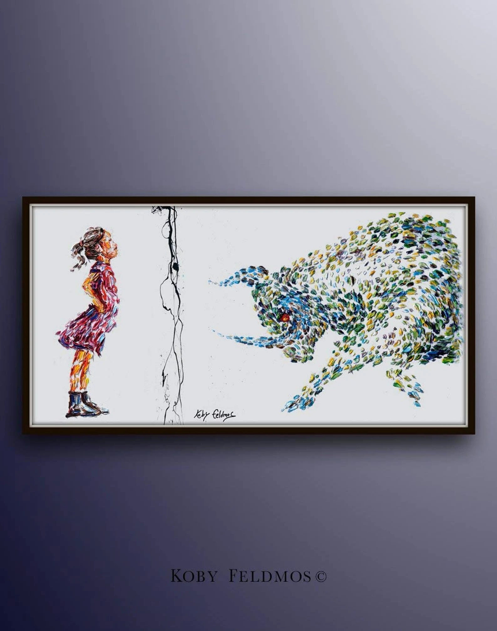 Office painting 50" Brave Girl , office art, oil painting on canvas, Bull vs. Girl, Stock exchange market, business art, Koby Feldmos