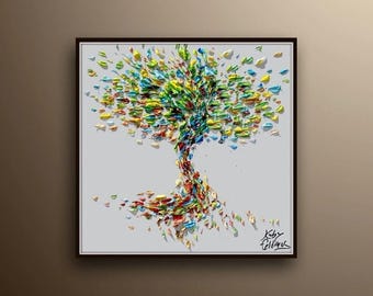 Tree Original 25" oil painting on canvas, Luxury thick layers tree of Life, Gives extremely good vibes, by Koby Feldmos