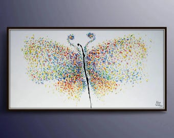 Pintura de mariposa, pintura al óleo original hecha a mano de 50 pulgadas sobre lienzo grande, hermosa composición de espejo, pintura gruesa y lujosa, de Koby Feldmos