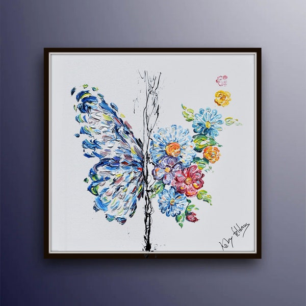 Outrageous beautifully !!! 35" Spring Butterfly, original oil painting on canvas, colorful flowers, by Koby Feldmos