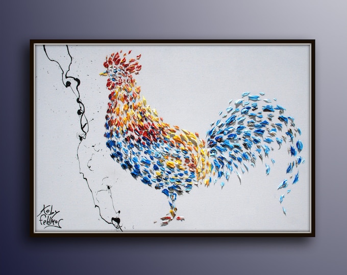 Chicken Painting - 40" , Animal painting, original oil painting on canvas, Full of texture, Home decor , ready to hang, By Koby Feldmos