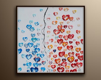 Original Painting 35" Beautiful Painting of Hearts Blue red colors, Extremely unique and special, for living room by Koby Feldmos