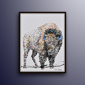 Bison 40" original Painting Animal Oil Painting on Canvas, thick layers, modern art, handmade by Koby Feldmos