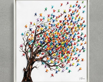 Tree of Life Mini People - Original Oil Painting by Aaron S. Contemporary Pop Art Figure on Canvas Modern Wall Art